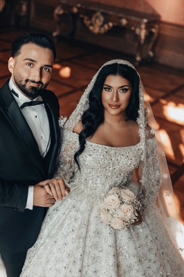 Lindo vestido de baile ombro a ombro branco manga comprida flor vestidos de noiva longos_5