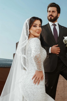 Glitter Sequins Sweetheart Satin Mermaid Wedding Dresses Long Sleeve_5