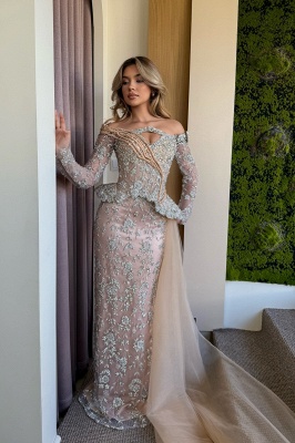 Robe de bal sirène sexy sans bretelles en tulle avec appliques en dentelle et manches longues_5