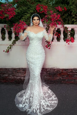 Gorgeous Appliques Lace Crystal Mermaid Wedding Dresses Long Sleeves_4
