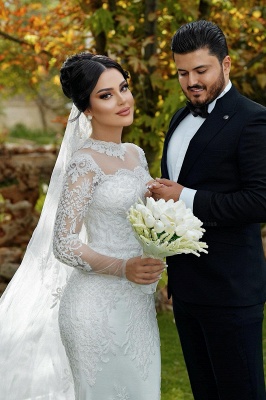 Unique Sweetheart Tulle Appliques Lace Mermaid Wedding Dresses Long Sleeve_6