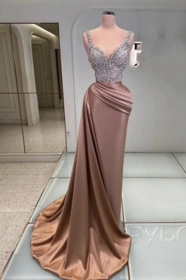 Charming V-Neck Long Satin Prom Dress Glitter Sequins Sheath Evening Gown