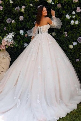 Robe de mariée trapèze en dentelle à appliques en cœur unique à manches longues_3