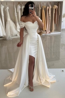 Off-the-shoulder Satin Ruched A-Line Prom Dresses with Slit