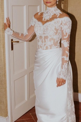 Robe de mariée trapèze en dentelle à col haut et manches longues_7