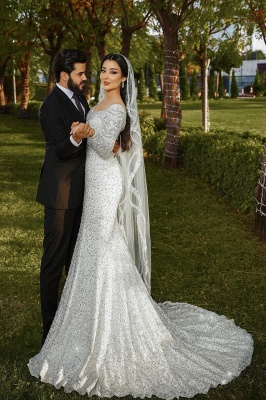 Glitter Sequins Sweetheart Satin Mermaid Wedding Dresses Long Sleeve_8