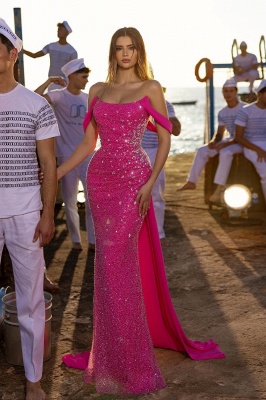 Gorgeous Off-the-shoulder Elastic Satin Ruched Crystal Mermaid Evening Dresses_1