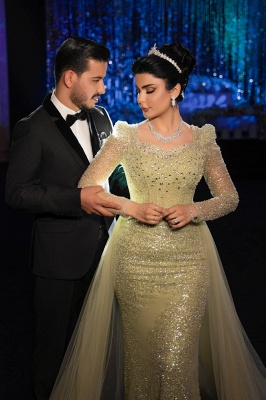 Unique Square Neck Tulle Sequins Mermaid Wedding Dresses Long Sleeves with Sweep Train_5