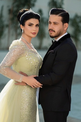 Unique Square Neck Tulle Sequins Mermaid Wedding Dresses Long Sleeves with Sweep Train_2