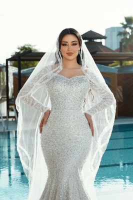 Glitter Sequins Sweetheart Satin Mermaid Wedding Dresses Long Sleeve_3