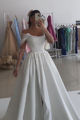 Gorgeous Off-the-shoulder Ruched Beading A-Line Prom Dresses with Slit