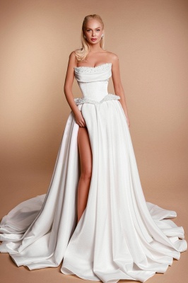 Robe de mariée longue sans bretelles à lacets et dos nu avec perles