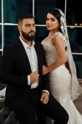 Robe de mariée sirène simple à fleurs blanches en satin carré_2