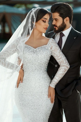 Glitter Sequins Sweetheart Satin Mermaid Wedding Dresses Long Sleeve_4