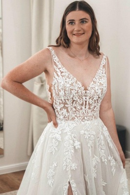 Robe de mariée trapèze en dentelle à appliques sans bretelles et fente_5