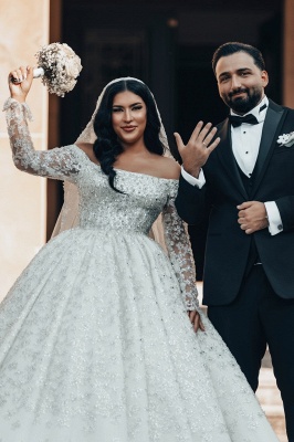 Lindo vestido de baile ombro a ombro branco manga comprida flor vestidos de noiva longos_2