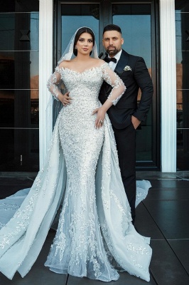 Gorgeous Appliques Lace Crystal Mermaid Wedding Dresses Long Sleeves_7