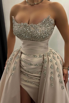 Lindos vestidos de noite em linha A de cetim sem alças com franzidos e cristais_3