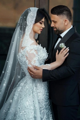 Gorgeous Appliques Lace Crystal Mermaid Wedding Dresses Long Sleeves_8