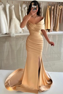 Off-the-shoulder Satin Ruched Mermaid Prom Dresses Front Slit