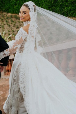Robe de mariée trapèze en dentelle à col haut et manches longues_6