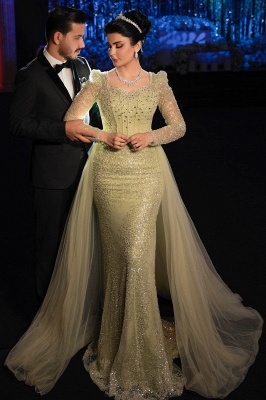 Unique Square Neck Tulle Sequins Mermaid Wedding Dresses Long Sleeves with Sweep Train_3