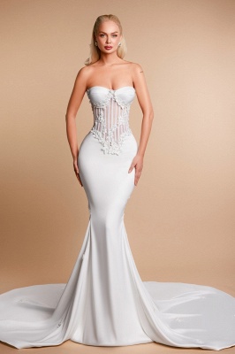 Strapless White Satin Flower Mermaid  Draped Wedding Dresses