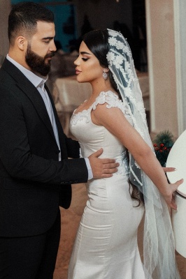 Robe de mariée sirène simple à fleurs blanches en satin carré_4