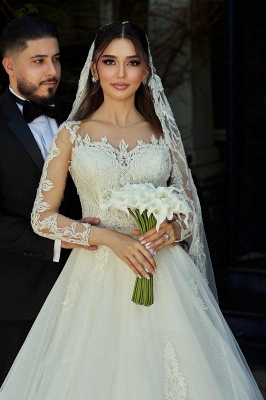 Robe de mariée trapèze en tulle et dentelle à manches longues_4