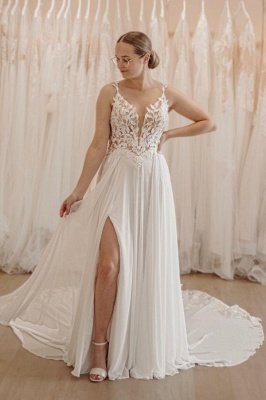 Strapless Spaghetti Straps Appliques Lace Chiffon A-Line Wedding Dresses with Slit_1