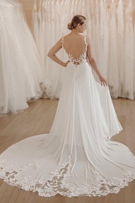 Robe de mariée trapèze en mousseline de soie à bretelles spaghetti et appliques en dentelle avec fente_2