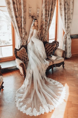 Off-the-Shoulder Applikationen Spitze Meerjungfrau Brautkleider Langarm_6