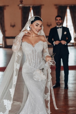 Off-the-Shoulder Applikationen Spitze Meerjungfrau Brautkleider Langarm_2