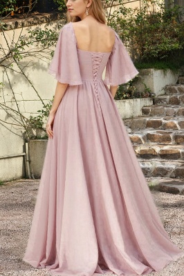 Vestido de dama de honor elegante de gasa con escote en forma de corazón, mangas cortas y fruncido con abertura alta_2