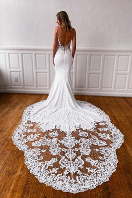 Vestidos de noiva estilo sereia com apliques de alças finas e cauda_2