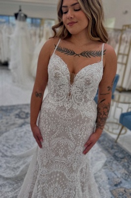 Spaghetti Straps Tulle Appliques Lace Mermaid Wedding Dresses_2