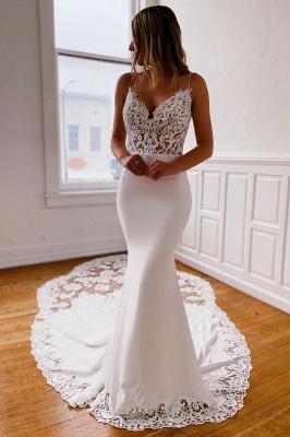 Sweetheart Spaghetti Straps Appliques Lace Mermaid Wedding Dresses with Train