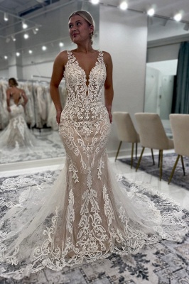 Robe de mariée sirène en tulle avec traîne et appliques en dentelle