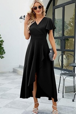 Elegant V-neck Hi-Lo Chiffon Short Sleeve A-Line Prom Dresses