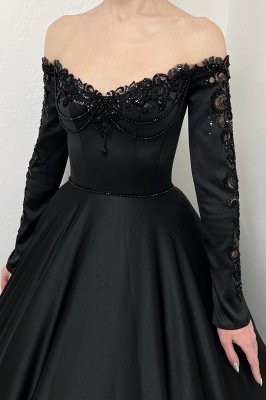Off-the-Shoulder Perlen Applikationen Spitze Langarm Prinzessin Brautkleider_4