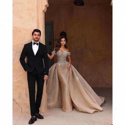 Off-the-Shoulder Kristall A-Linie Brautkleider Kapelle Schleppe_2