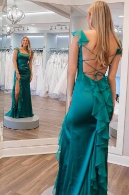 Eckiger Ausschnitt, Satin, Schnürung, Schlitz vorn, Säulen-Ballkleid_2