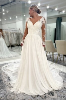 Vestidos de noiva com decote em V, costas abertas, apliques de renda, linha A, manga comprida_1