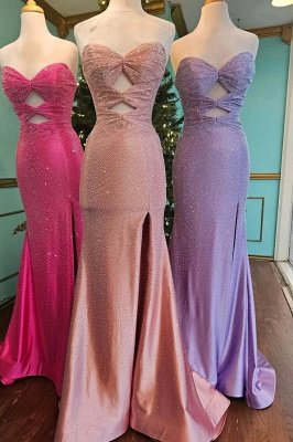 Glitter Sweetheart Lace up Strass Frente Dividida Sereia Vestidos de Baile_4