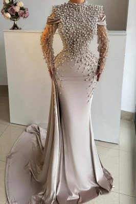 Unique High Neck Beading Long Sleeve Mermaid Prom Dresses_1