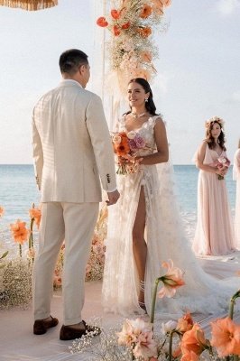 Vestidos de noiva com decote em V, apliques de renda e corte A com fenda_3