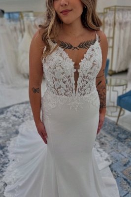 Vestidos de noiva estilo sereia com apliques de alças finas e cauda de capela_2