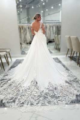 Vestidos de noiva com decote em V, costas abertas, apliques de renda, linha A, manga comprida_2