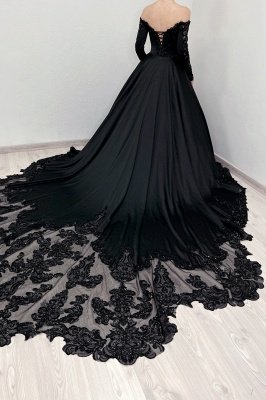 Off-the-Shoulder Perlen Applikationen Spitze Langarm Prinzessin Brautkleider_3