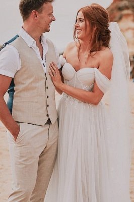 Vestidos de noiva sem alças com apliques de renda e linha A_2